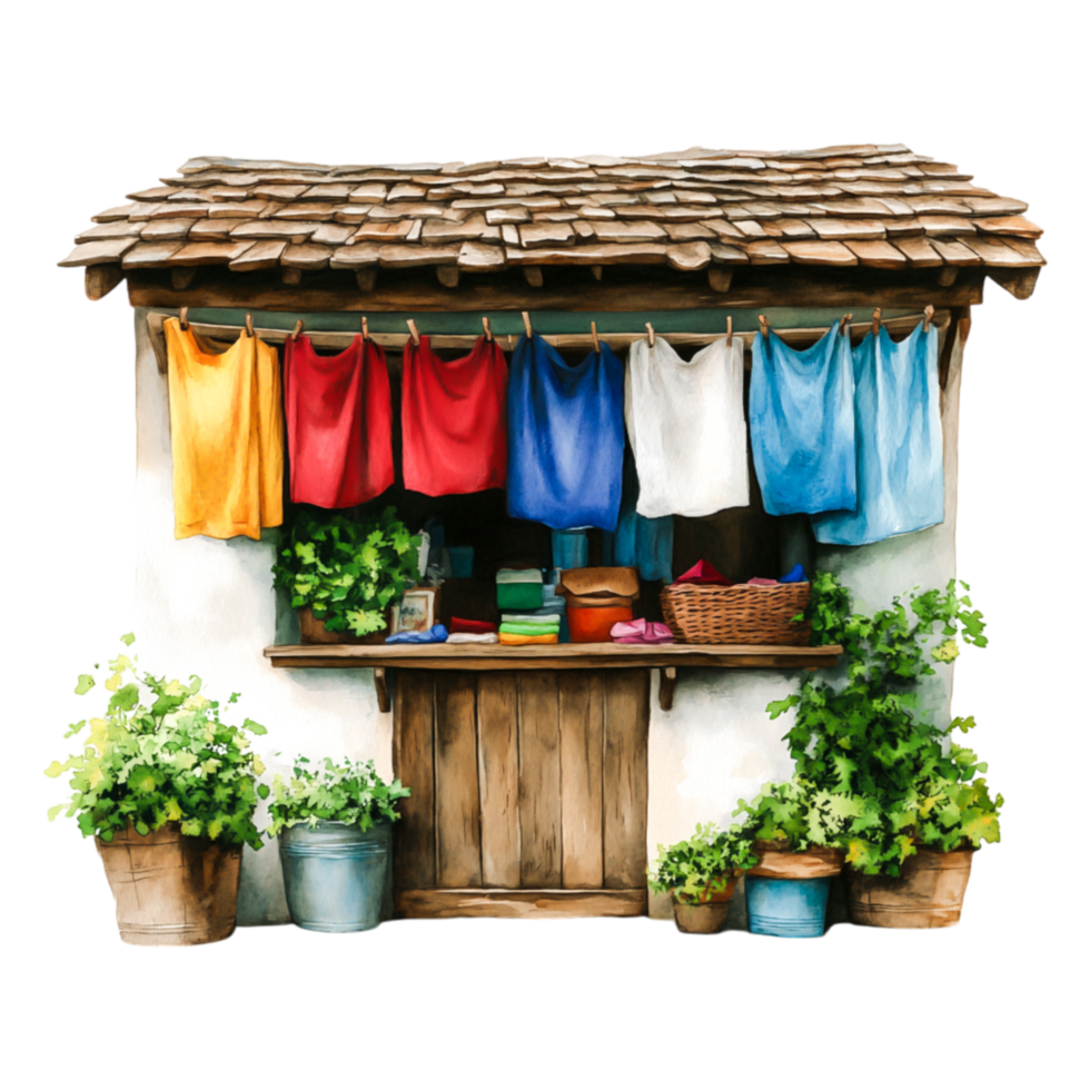 Charming Outdoor Stall with Colorful Fabrics and Potted Plants png
