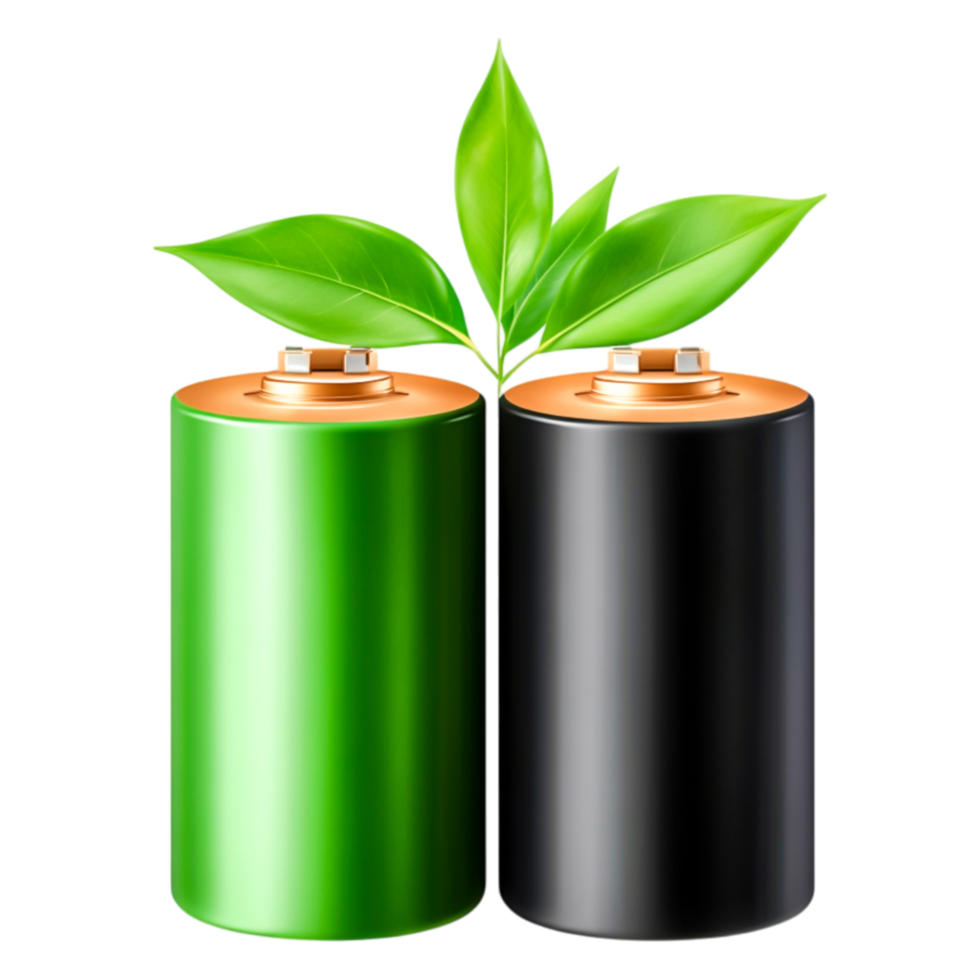 Green and Black Battery with Fresh Green Leaves on Top for Energy png