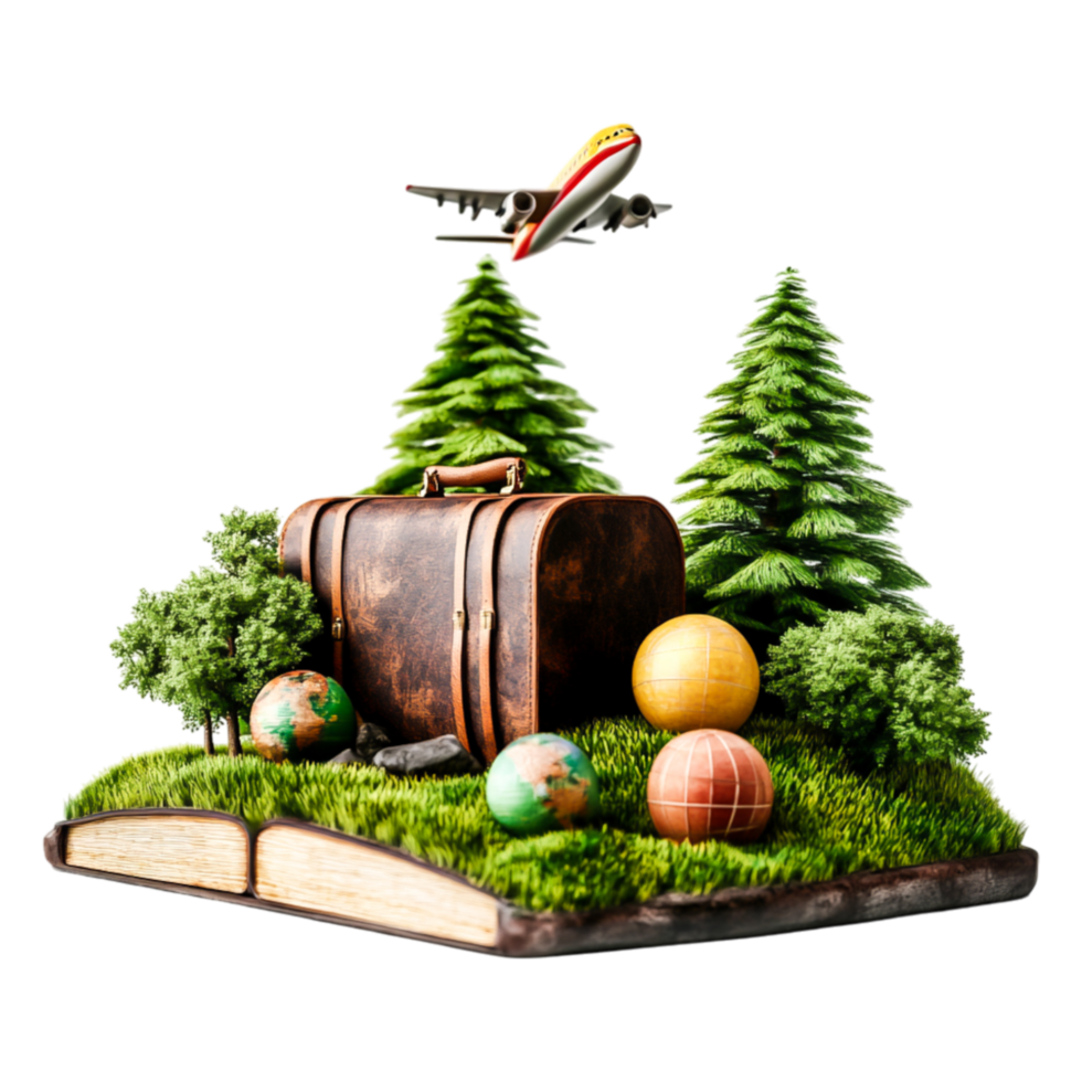 Creative Travel Concept with Suitcase, Trees, and Airplane Model png