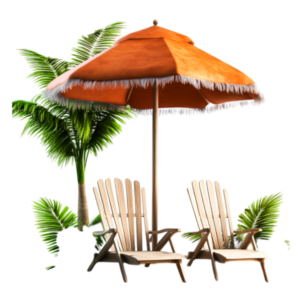 Relaxing Beach Chairs Under Bright Orange Umbrella by Palm Trees png