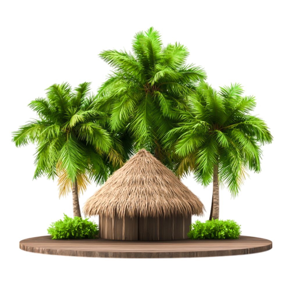 Tropical Hut Surrounded by Lush Green Palm Trees and Plants png