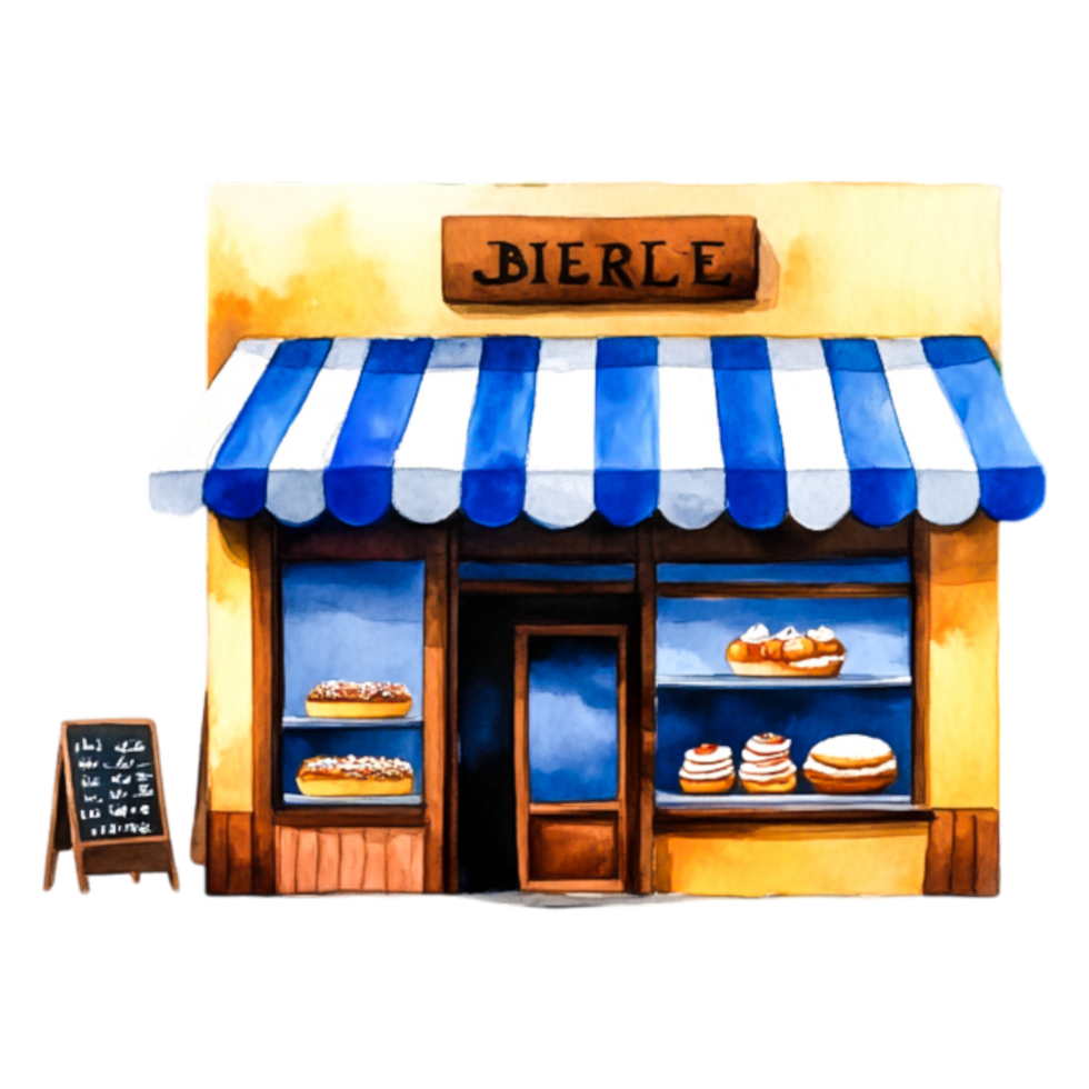 Charming Bakery Storefront with Blue Striped Awning and Pastries png