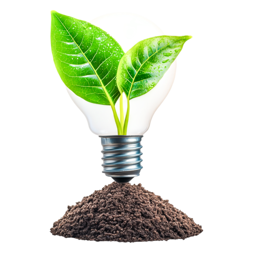 Green Leaves Emerging from Lightbulb Surrounded by Soil and Nature png