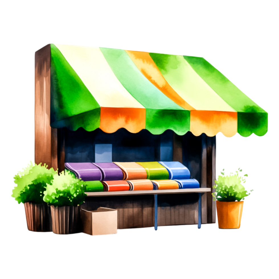 Colorful Market Stall with Green Awning and Vibrant Display of Goods png