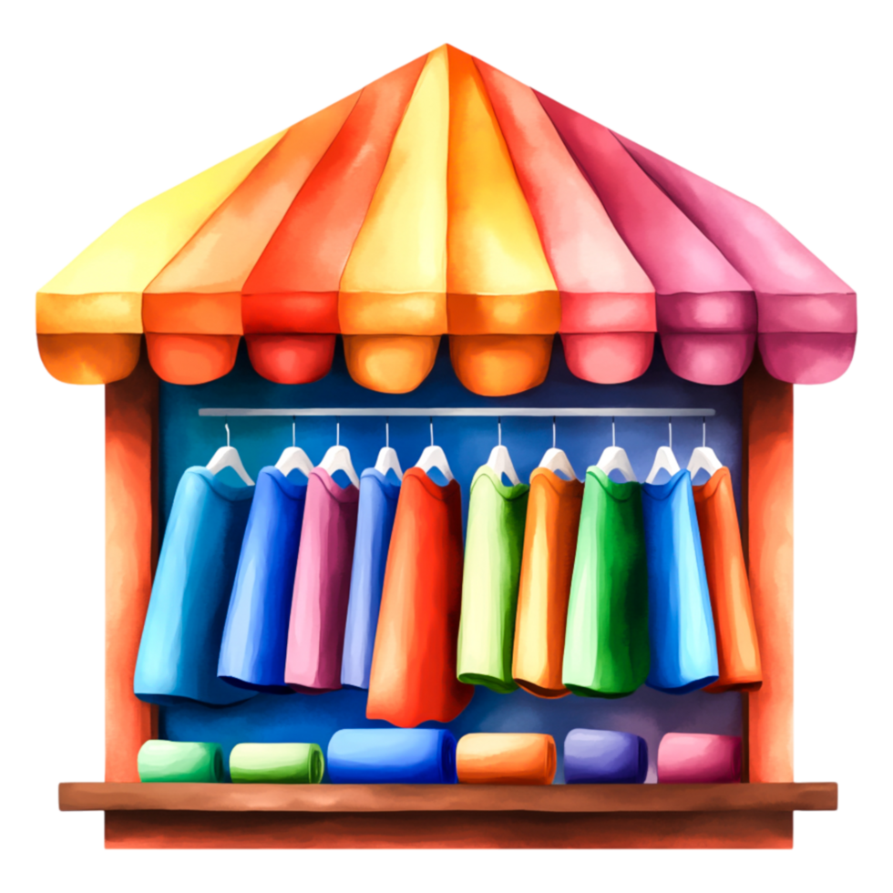Colorful Textile Stall with Hanging Fabrics and Vibrant Canopy png