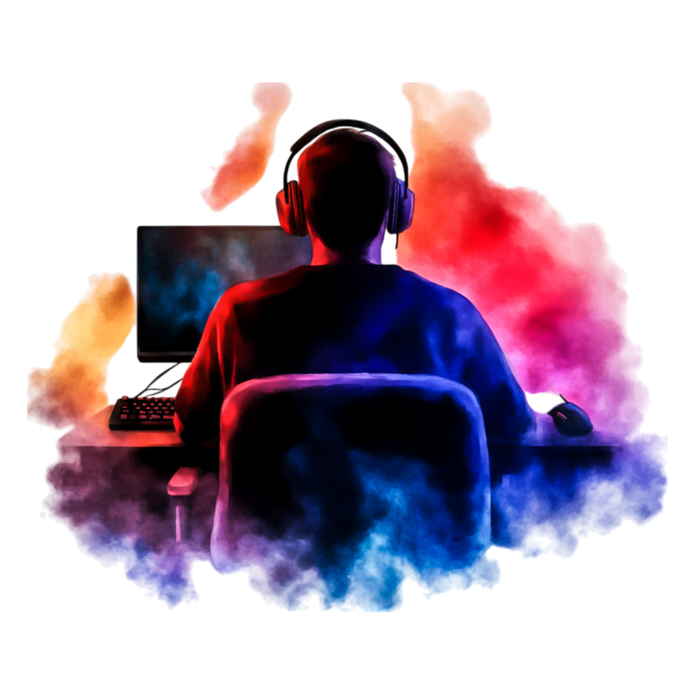 Gamer immersed in vibrant colors seated at computer desk png