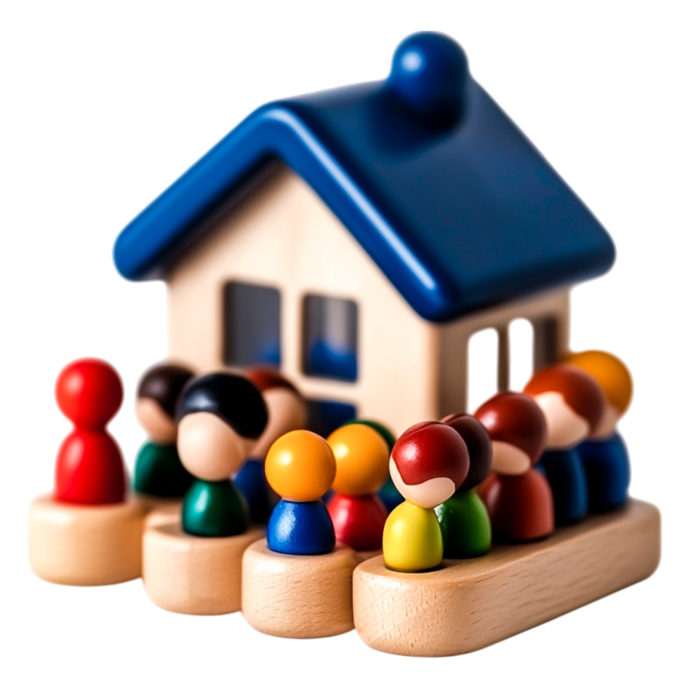 Colorful Wooden Figurines Stand Outside a Miniature House Toy png