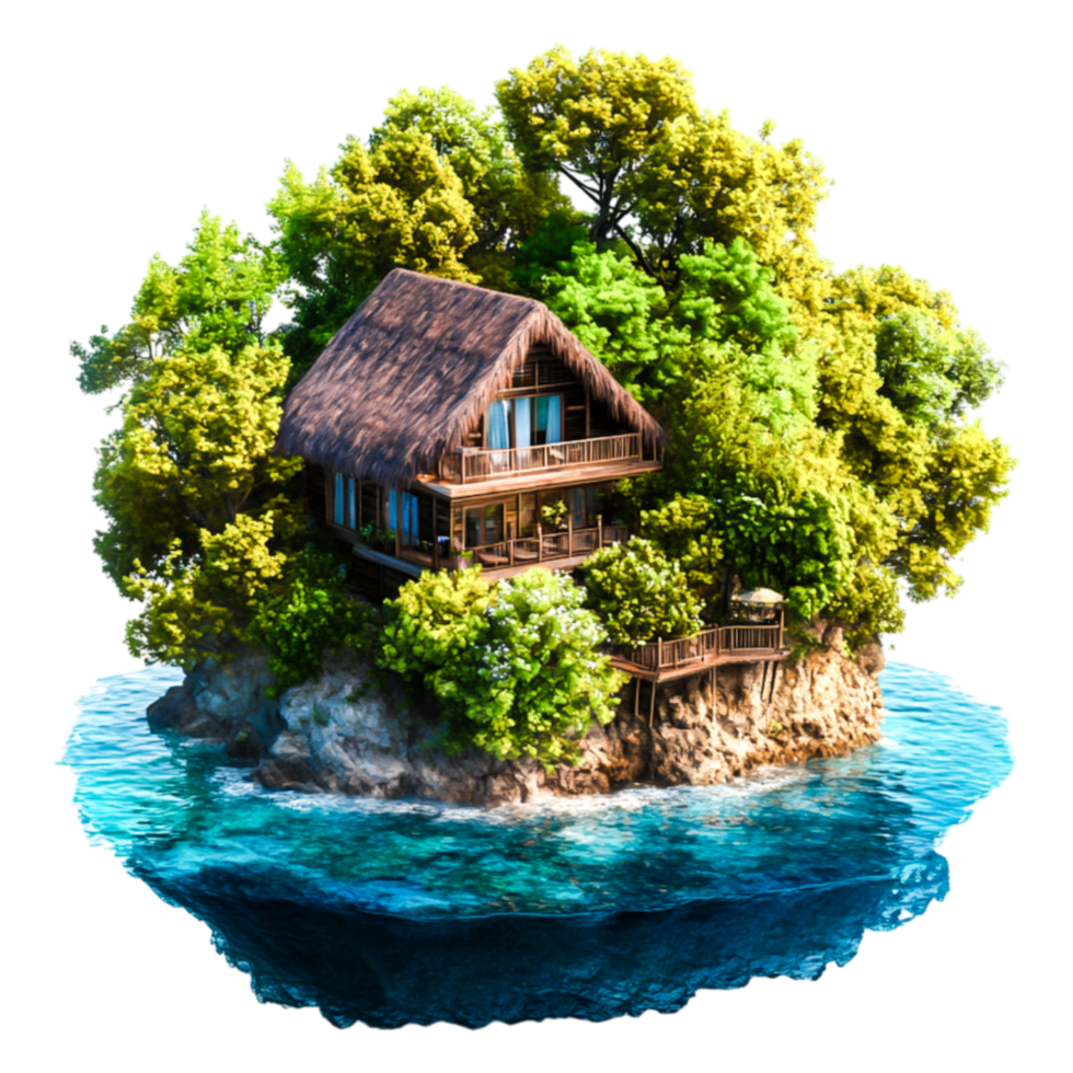 Quaint Wooden Cottage Surrounded by Lush Green Trees on Island png