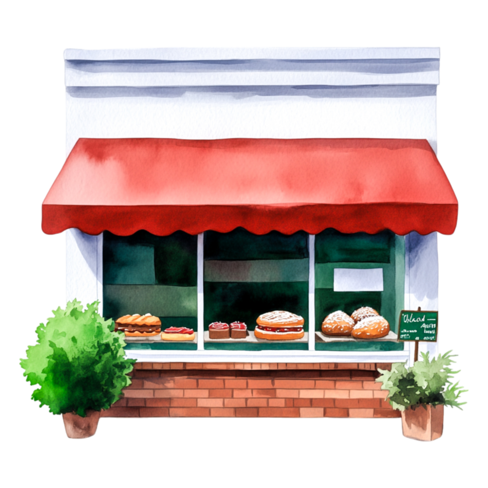 Charming Bakery Shopfront with Red Awning and Fresh Pastries Display png