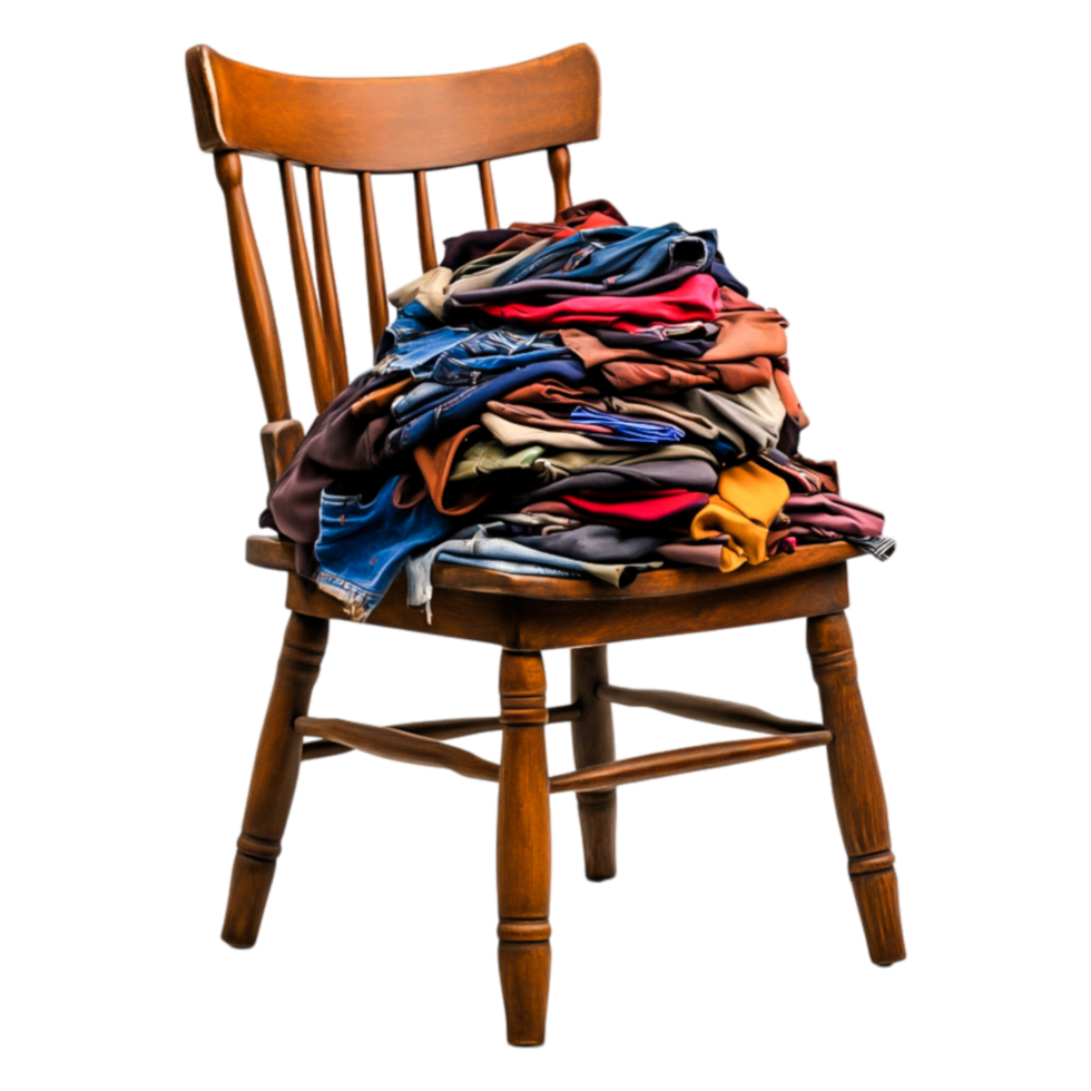 Pile of Colorful Clothes on a Wooden Chair in a Studio Setting png