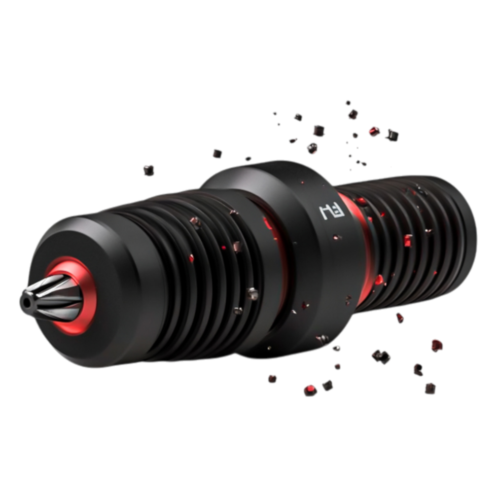 High-Tech Black and Red Mechanical Component with Dynamic Particles png
