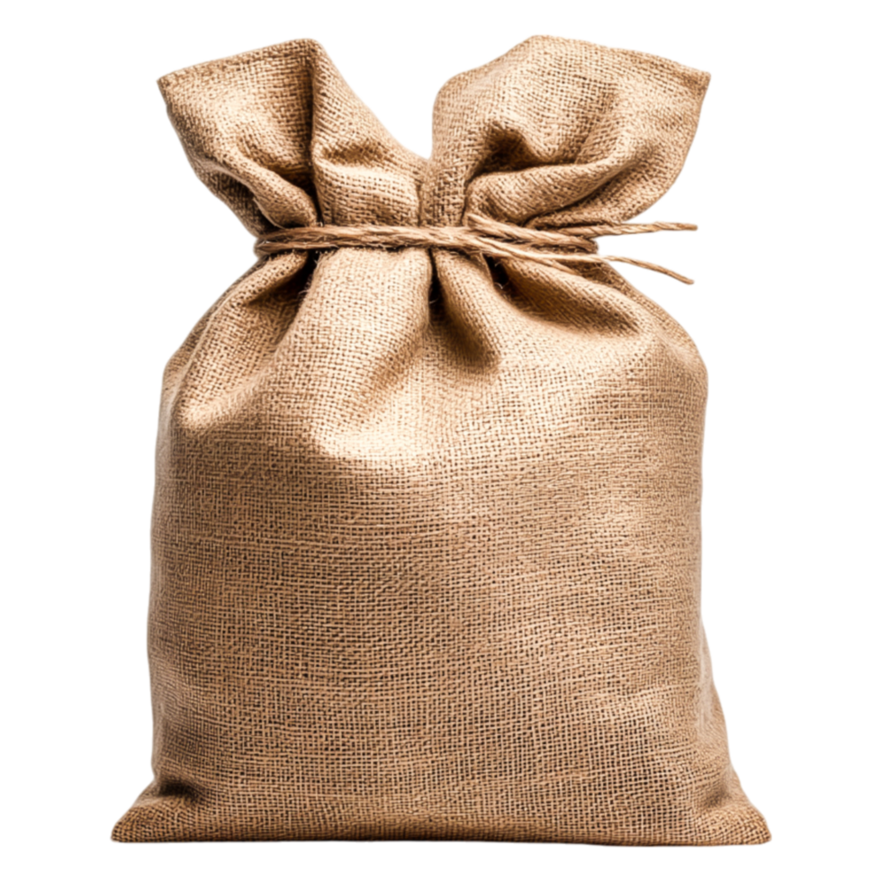Rustic burlap sack tied with twine for storage and decoration png