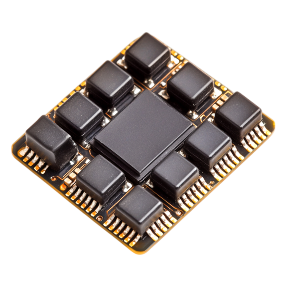 closeup of Microchip with Multiple Black Capacitors on Surface png