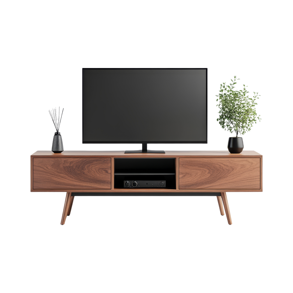 Modern tv stand with plants and decor in living room png
