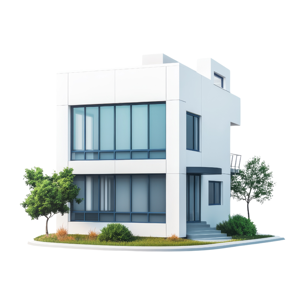 Modern house design in urban setting aerial render png