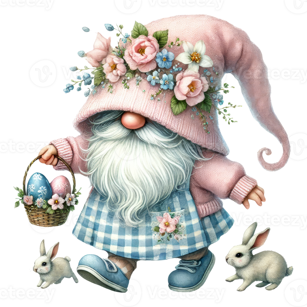 Easter day gnome with eggs spring garden illustration png