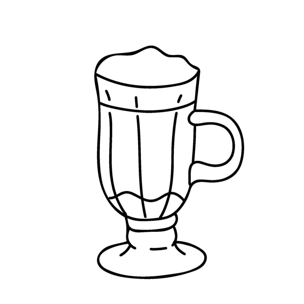 Latte, Irish or Iced Coffee cocktail cup. Hand drawn Doodle illustration isolated on a white background. Black and white Sketch. Ideal for beverage branding, cafe menu and graphic design vector