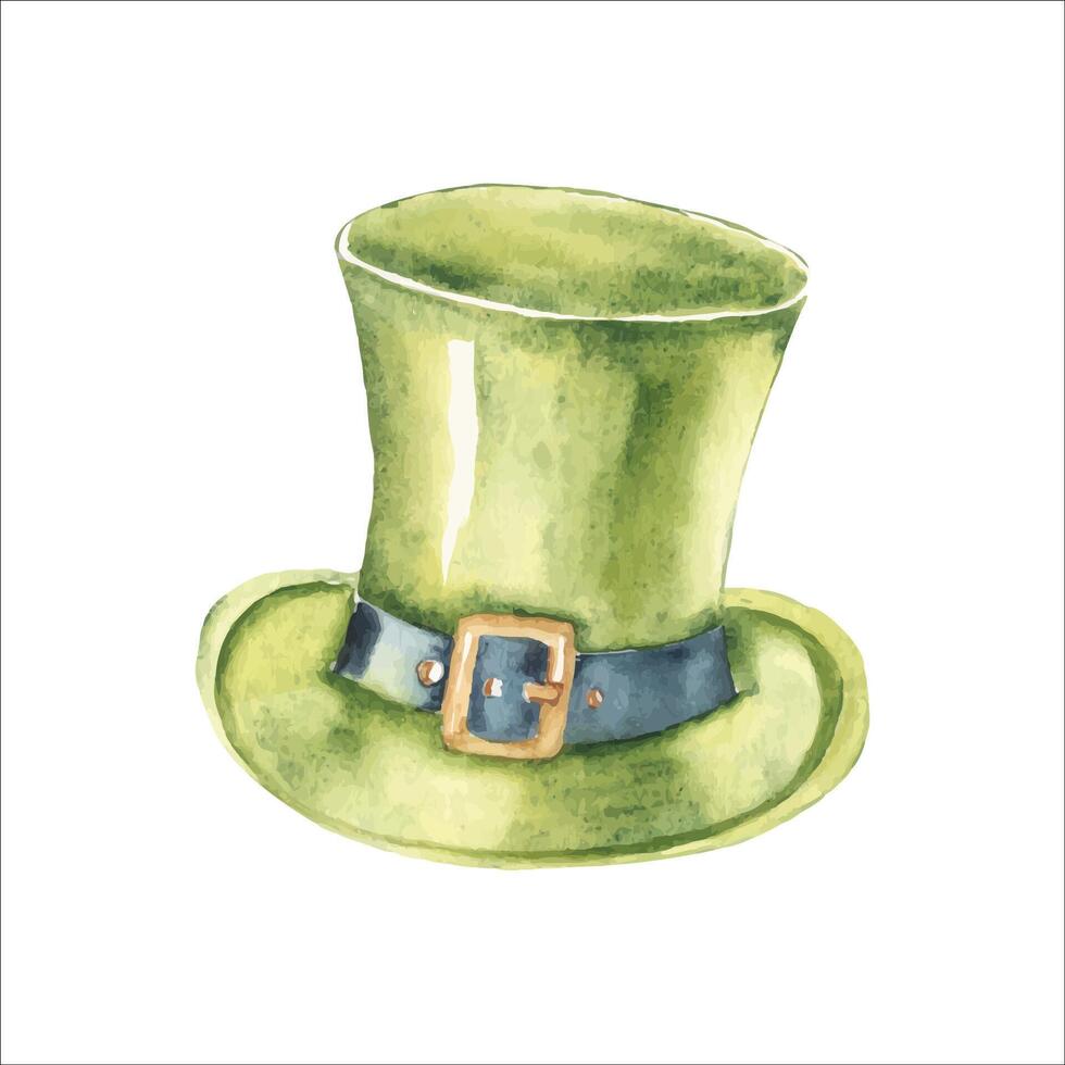 Leprechaun green Hat. Hand drawn Watercolor illustration of Lucky dwarf Elf hat isolated on a white background. For St. Patrick's Day, Irish holidays designs. vector