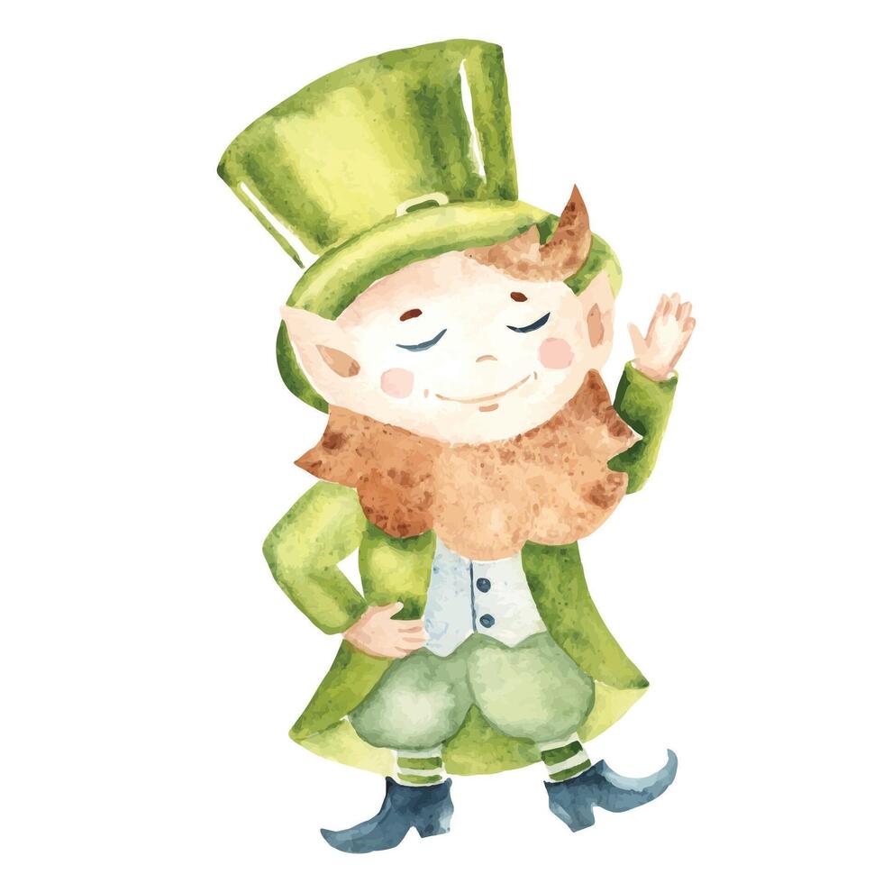 Cute Leprechaun in a traditional green Hat and Costume in cartoon style. Hand drawn Watercolor illustration of Lucky dwarf bearded Elf isolated on a white background. For St. Patrick's Day, Irish vector