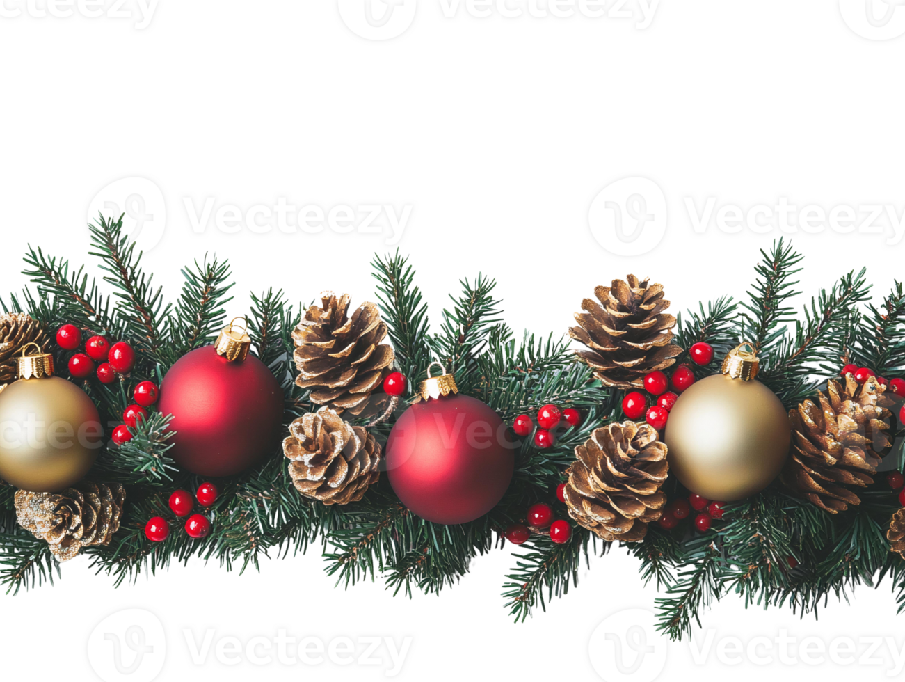 Christmas garland with red and gold ornaments on transparent background png