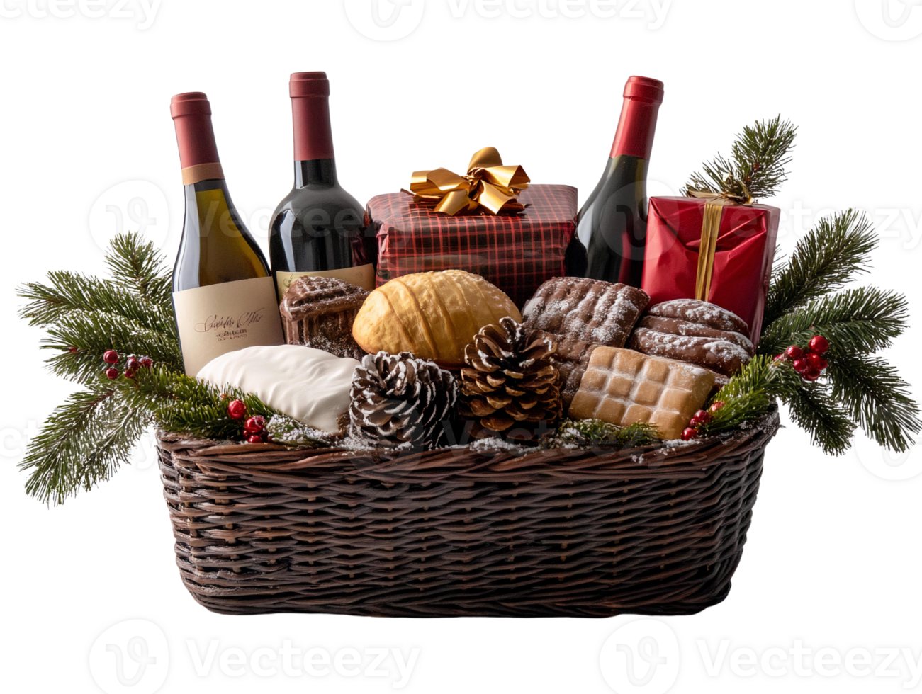 Wicker basket christmas gift set with wine and sweets on transparent background png