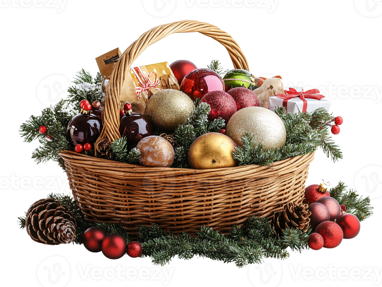 Christmas gift basket with ornaments on transparent background png