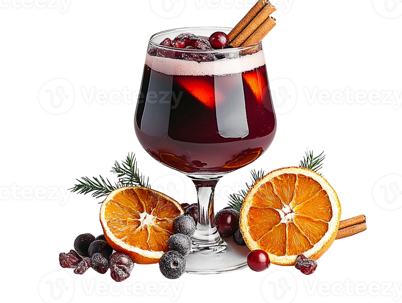 Mulled wine in glass with orange and cranberries on transparent background png