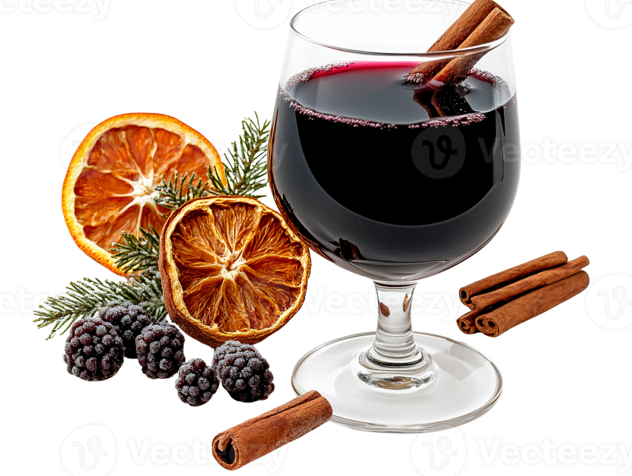Mulled wine with cinnamon sticks and dried oranges on transparent background png