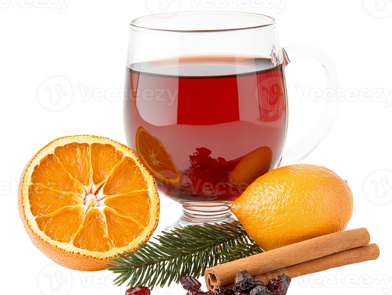 Mulled wine drink in glass mug with orange and lemon slices on transparent background png