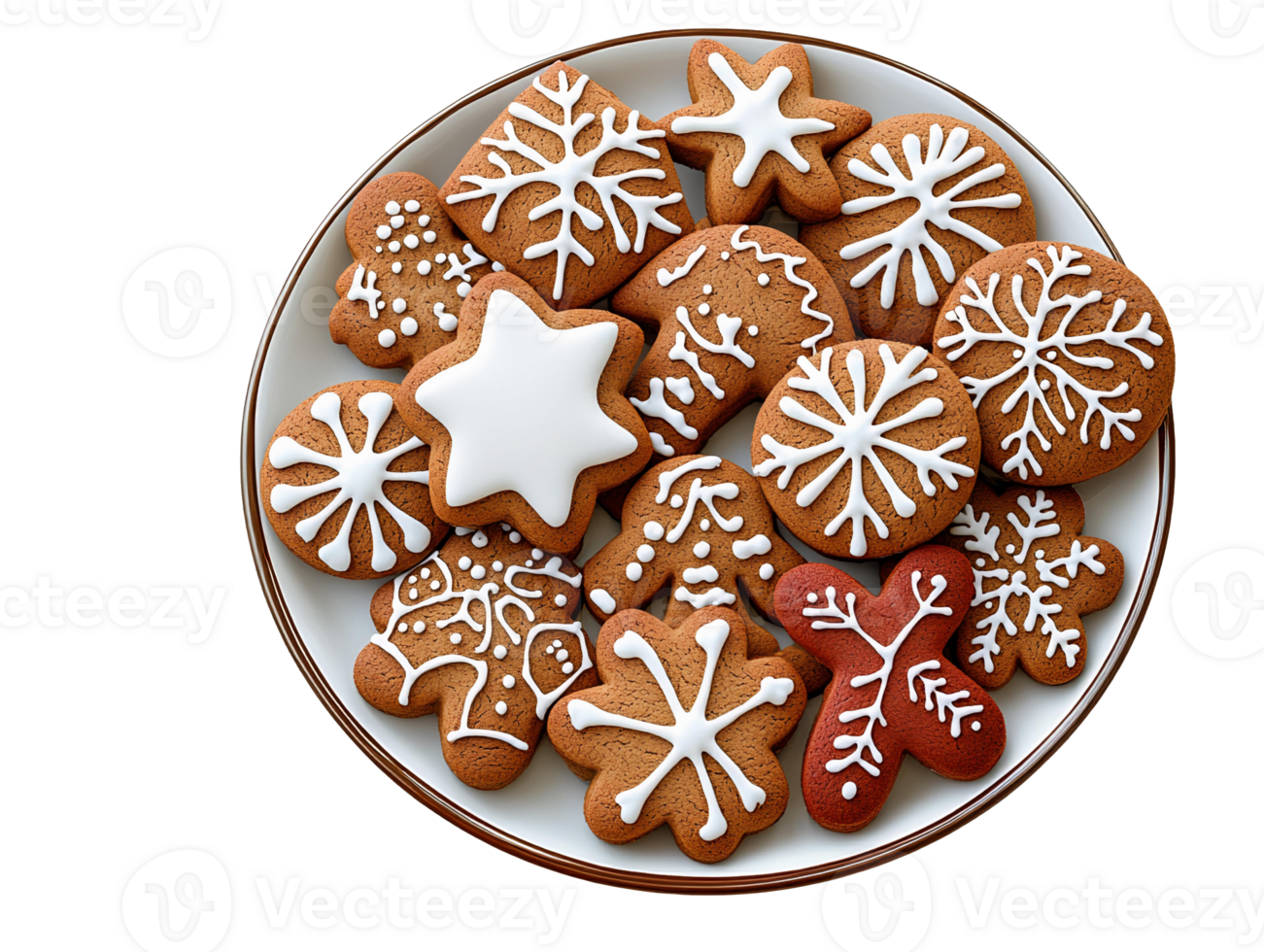 Gingerbread cookies on white plate on transparent background png