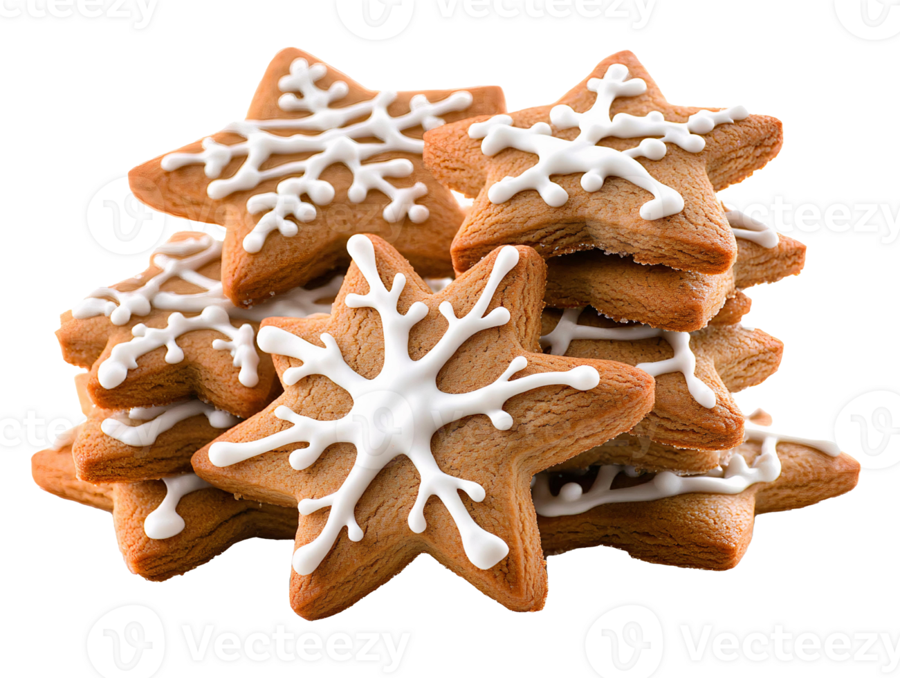 Holiday Gingerbread Star Cookies with Intricate Snowflake Icing on Transparent Background png