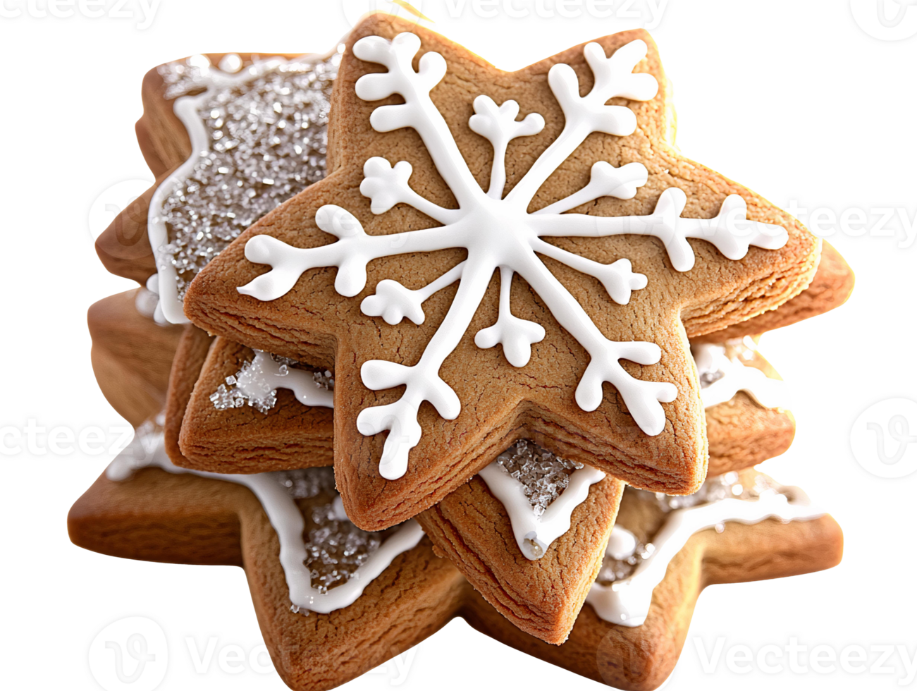 Decorated Gingerbread Star Cookies with Snowflake Patterns on Transparent Background png