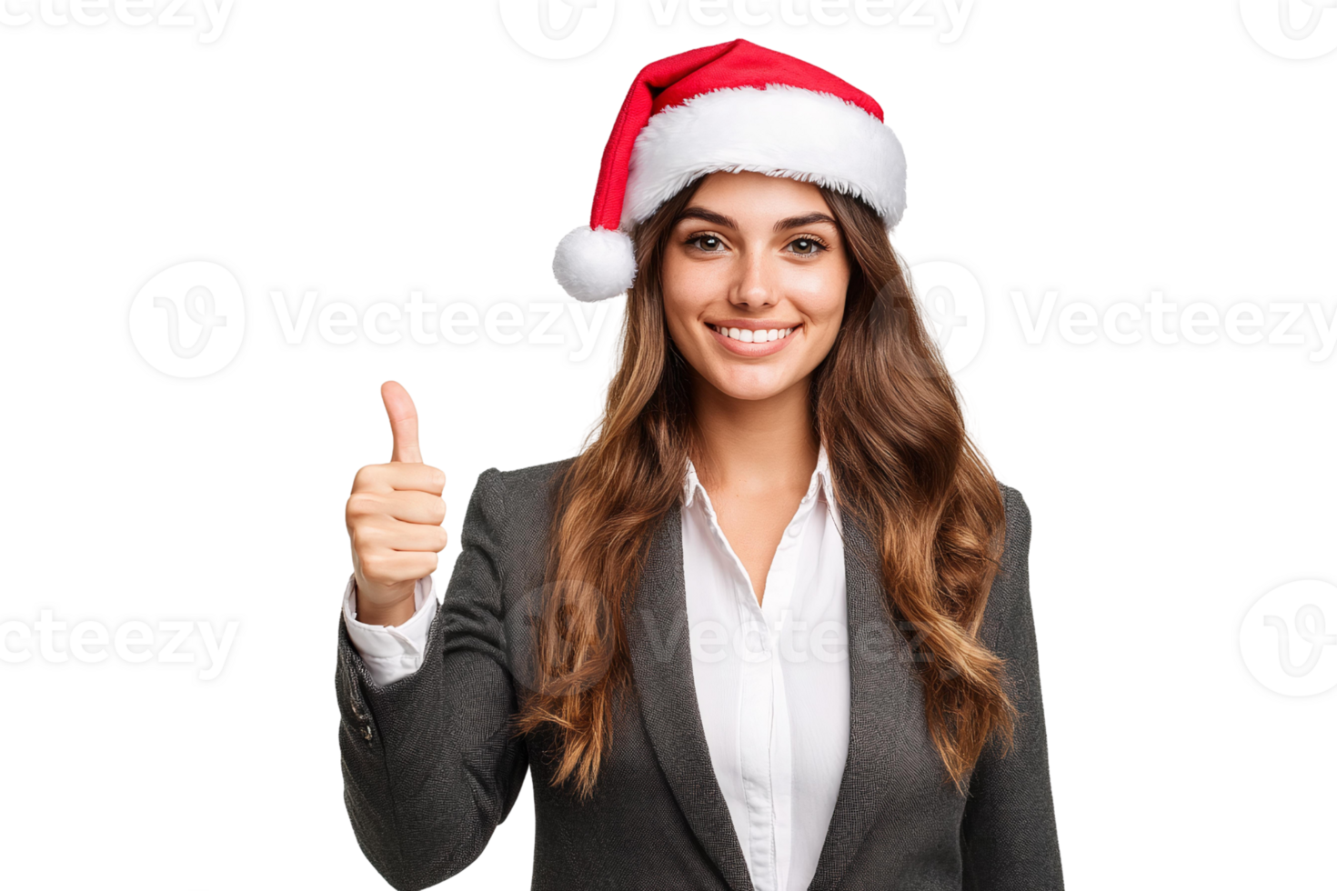 Businesswoman santa hat thumbs up on transparent background png