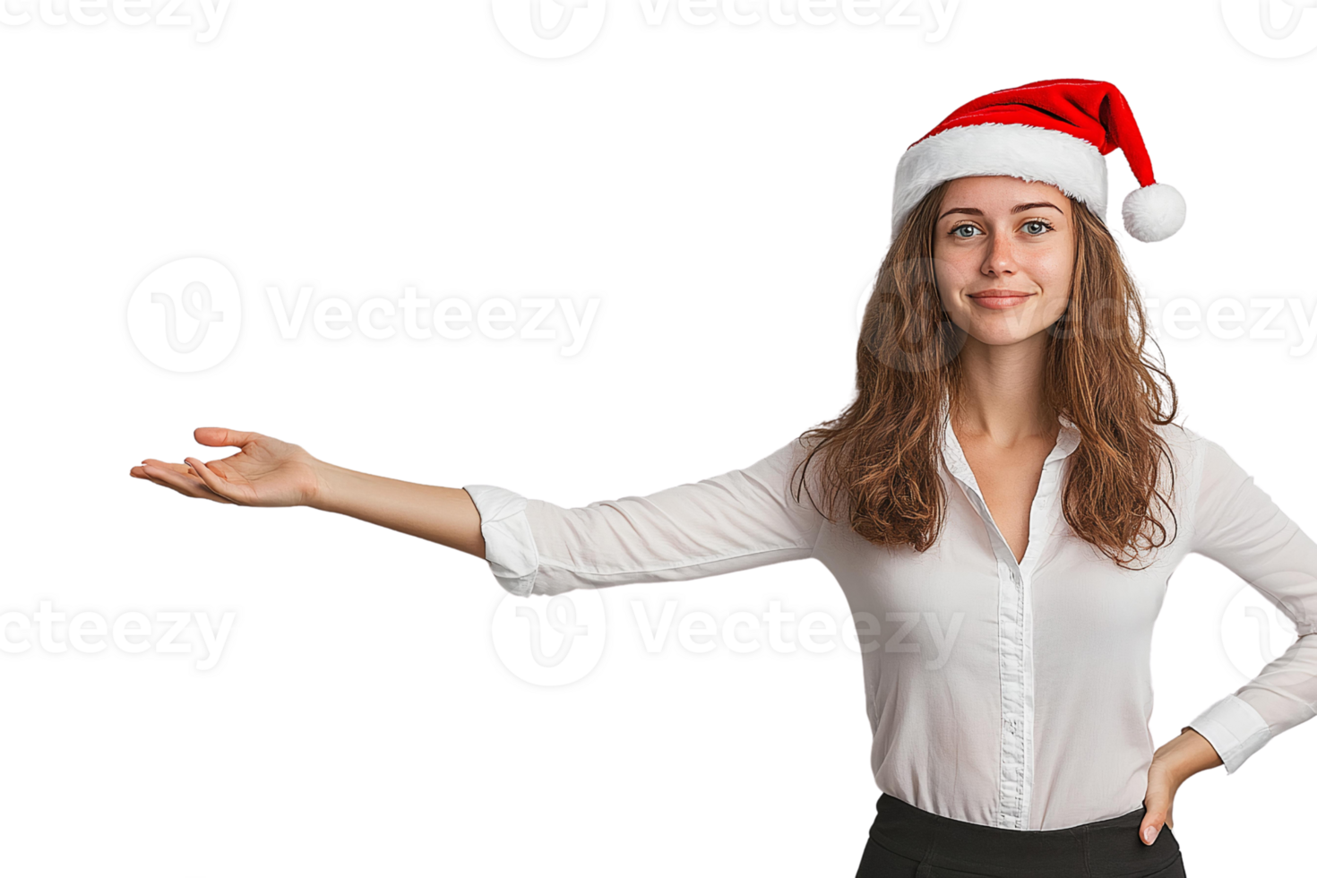 Woman in santa hat offering hand on transparent background png