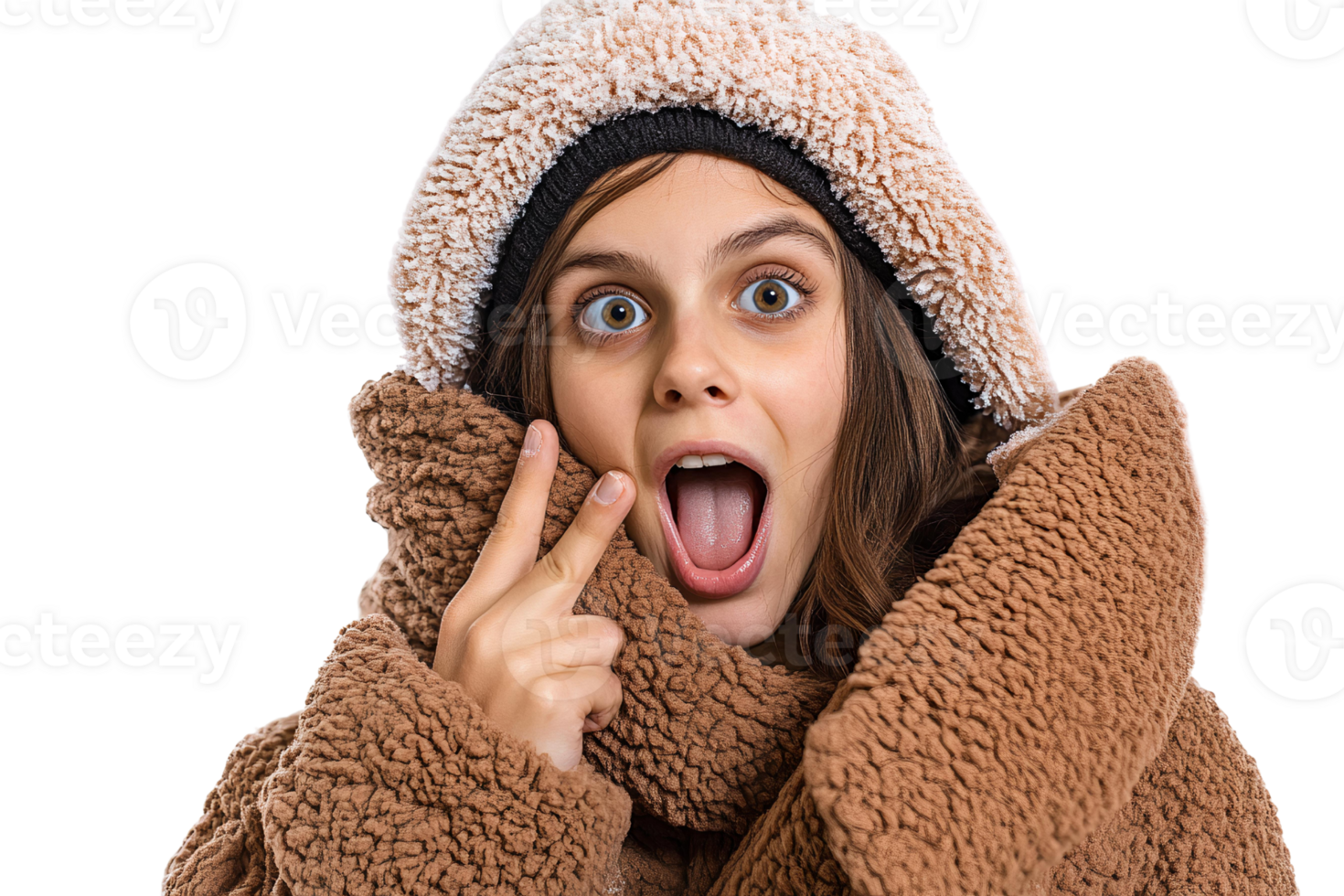 Surprised girl in brown fuzzy coat on transparent background png