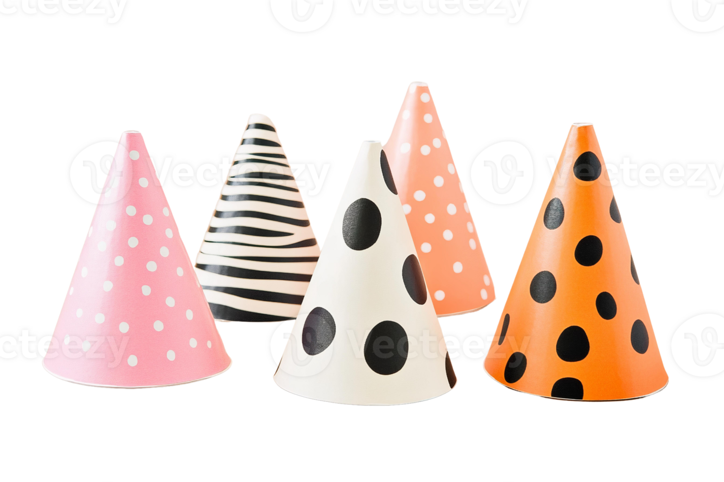 Party hats collection with polka dots, zebra stripes and black and white patterns isolated on transparent background png