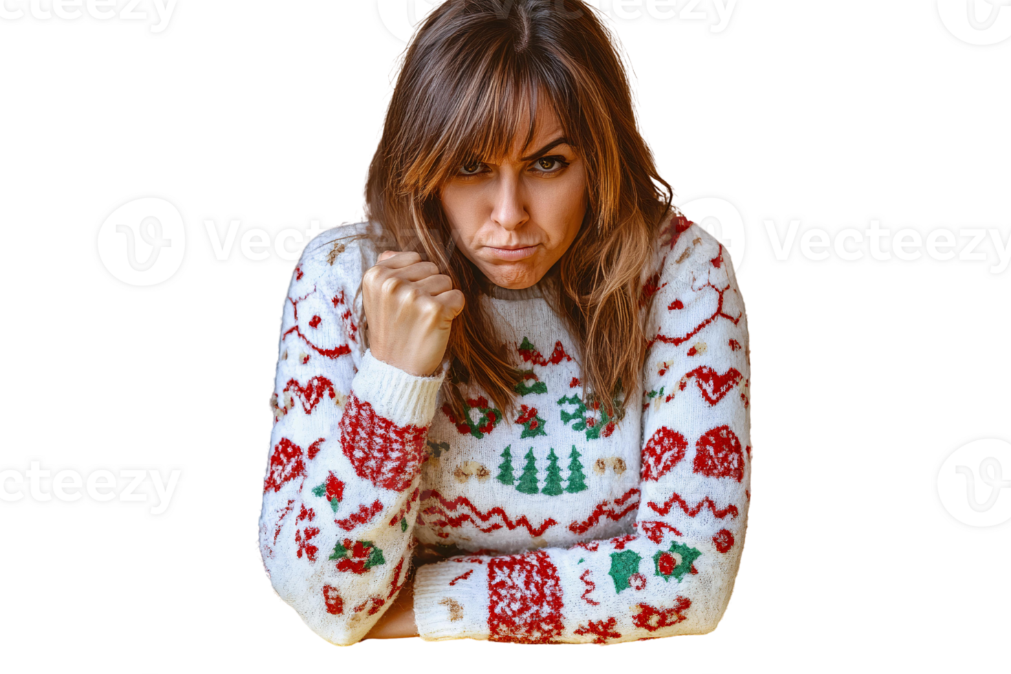 Angry woman in christmas sweater on transparent background png