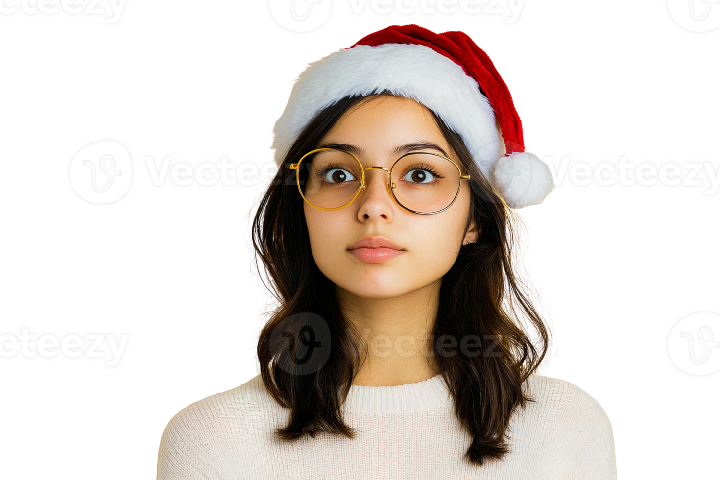 Girl in santa hat and glasses on transparent background png