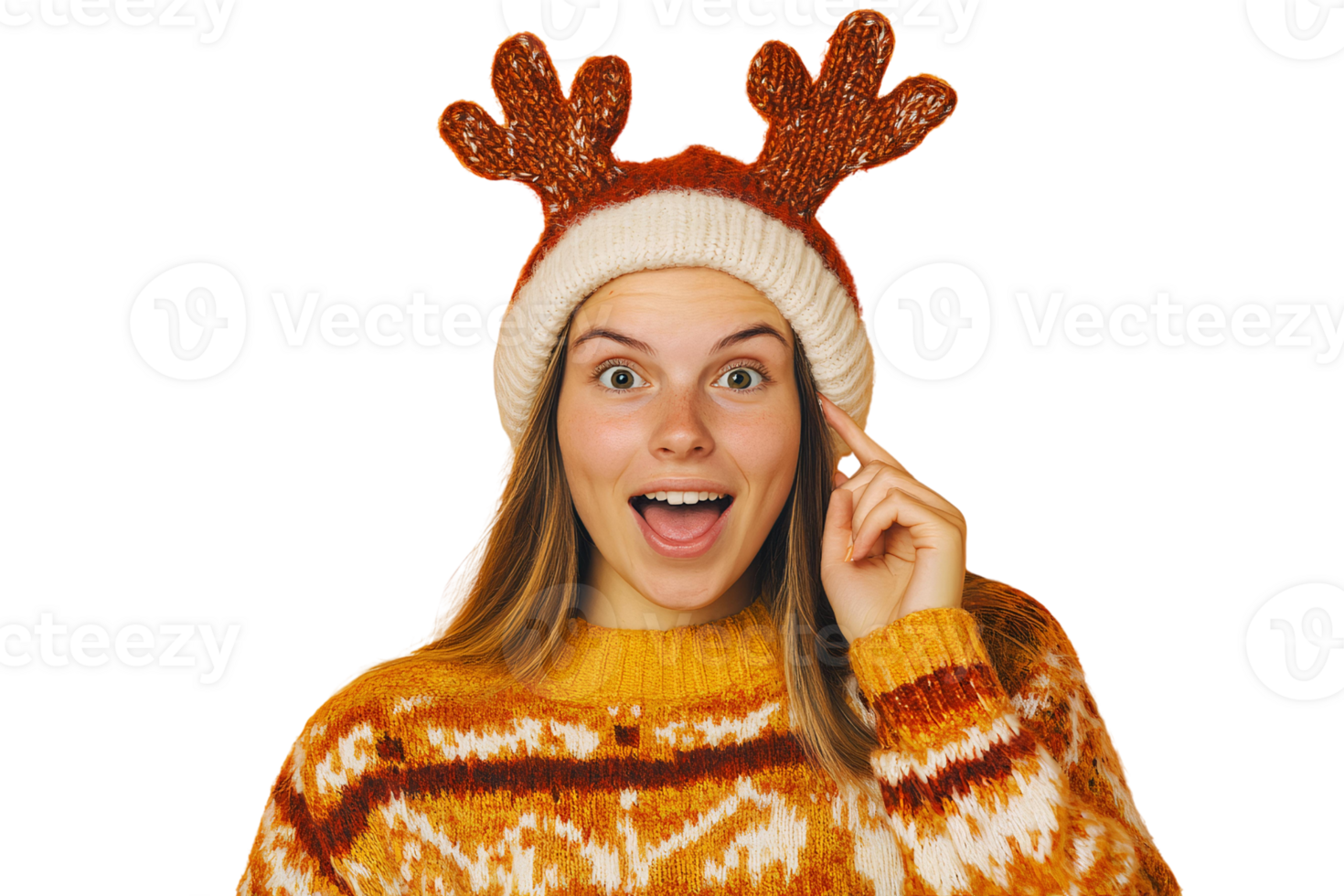 Surprised woman in reindeer antler hat on transparent background png