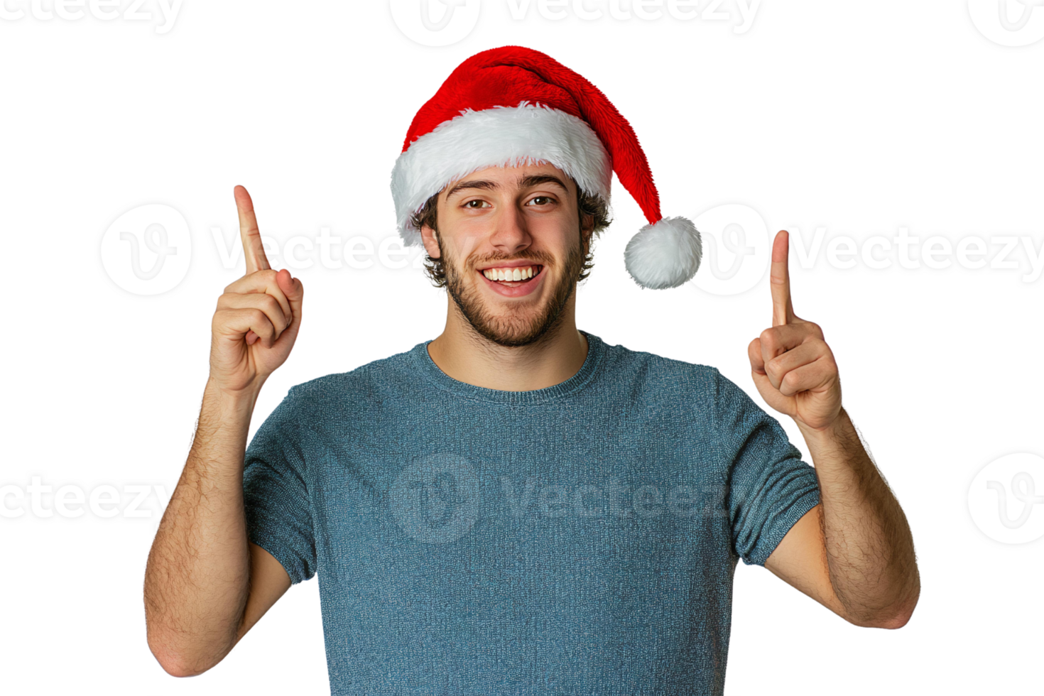 Smiling man in santa hat pointing upwards on transparent background png