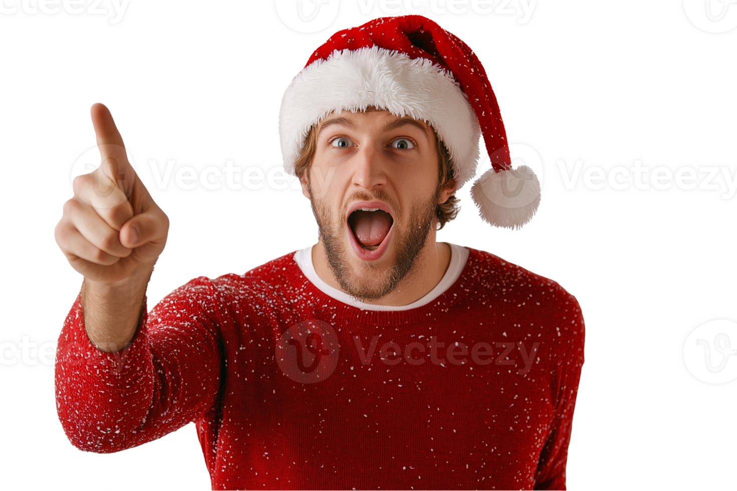 Festive Man in Santa Hat with Surprised Expression Pointing Up on Transparent Background png