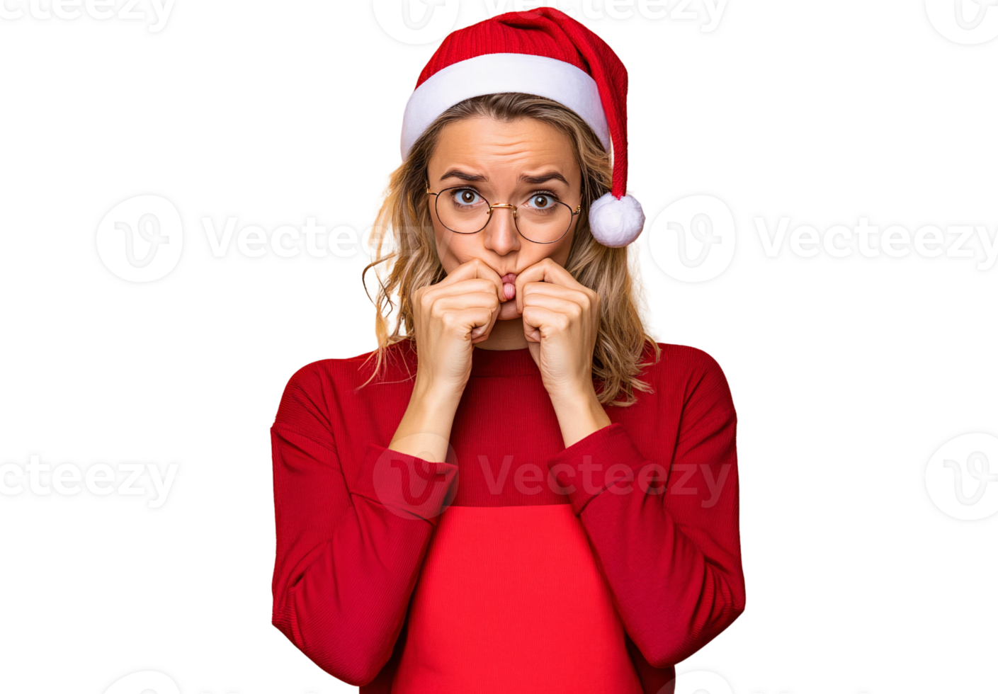 Woman in red santa hat on transparent background png