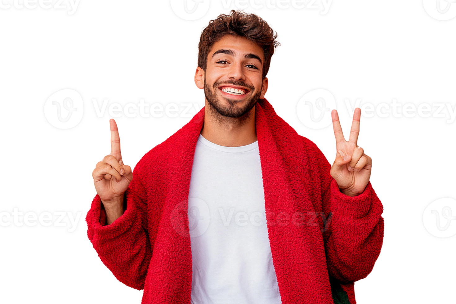 Smiling man in red bathrobe showing peace sign on transparent background png