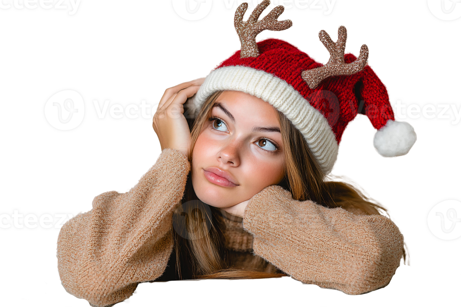 Cheerful Girl in Reindeer Wool Hat on Transparent Background png