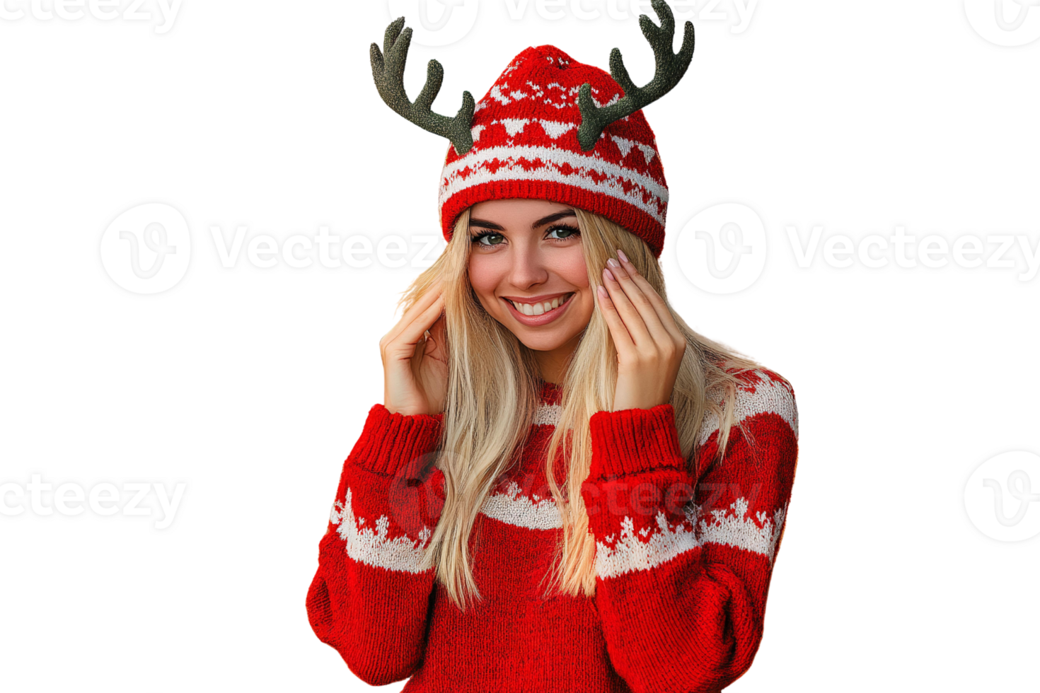 Smiling woman in red knit sweater and reindeer antlers hat on transparent background png