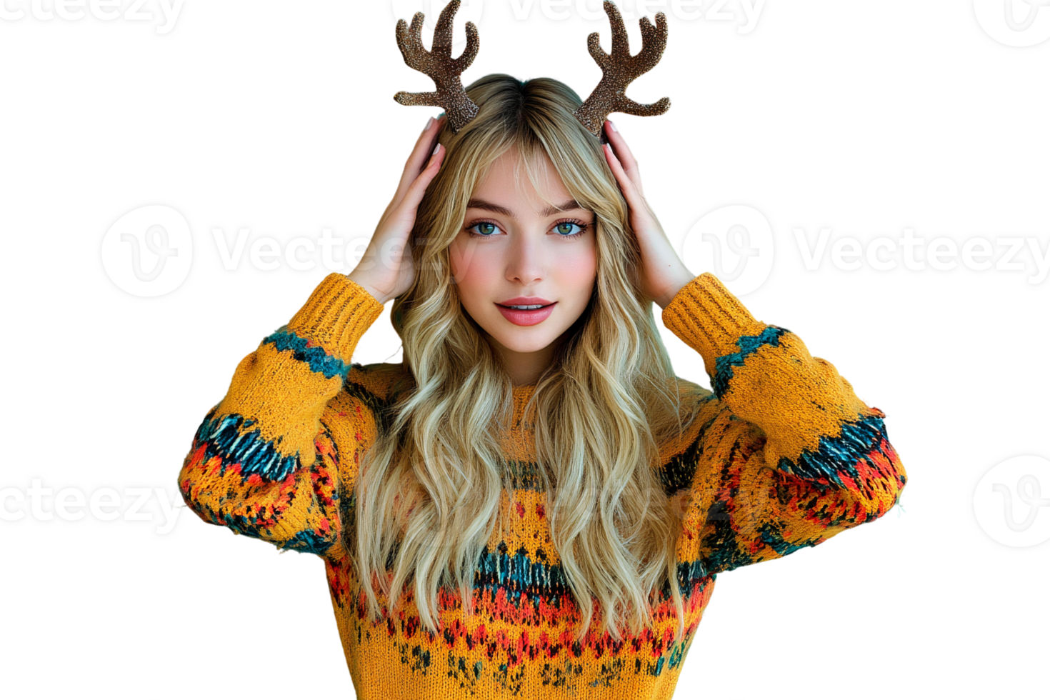 Blonde woman in yellow knit sweater with reindeer antlers on transparent background png