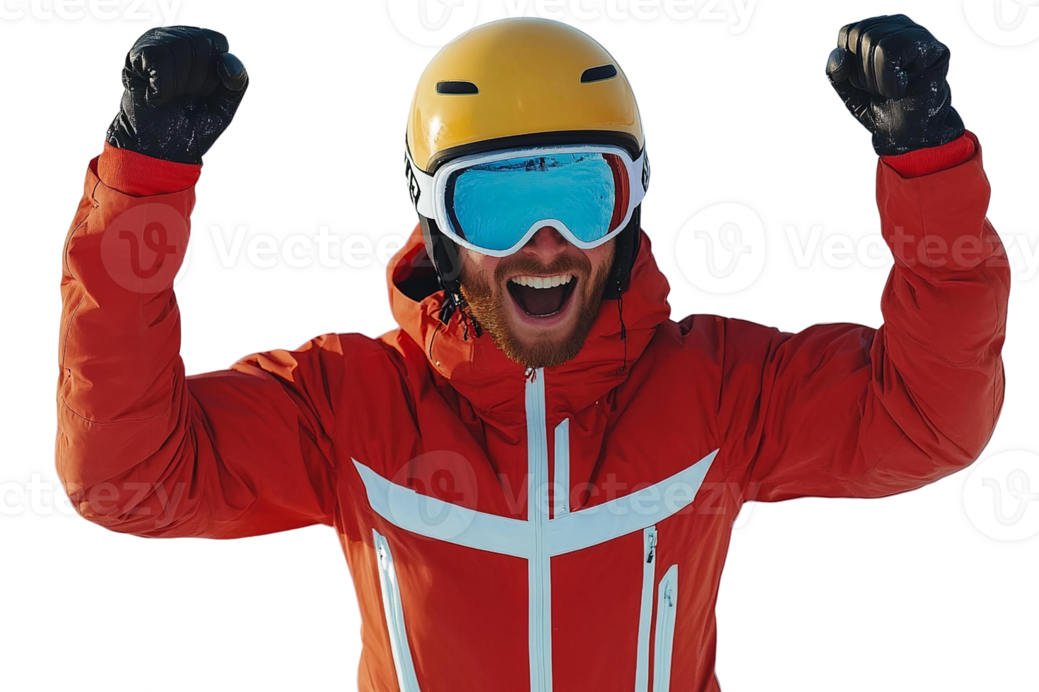 Joyful skier in red jacket with yellow helmet on transparent background png
