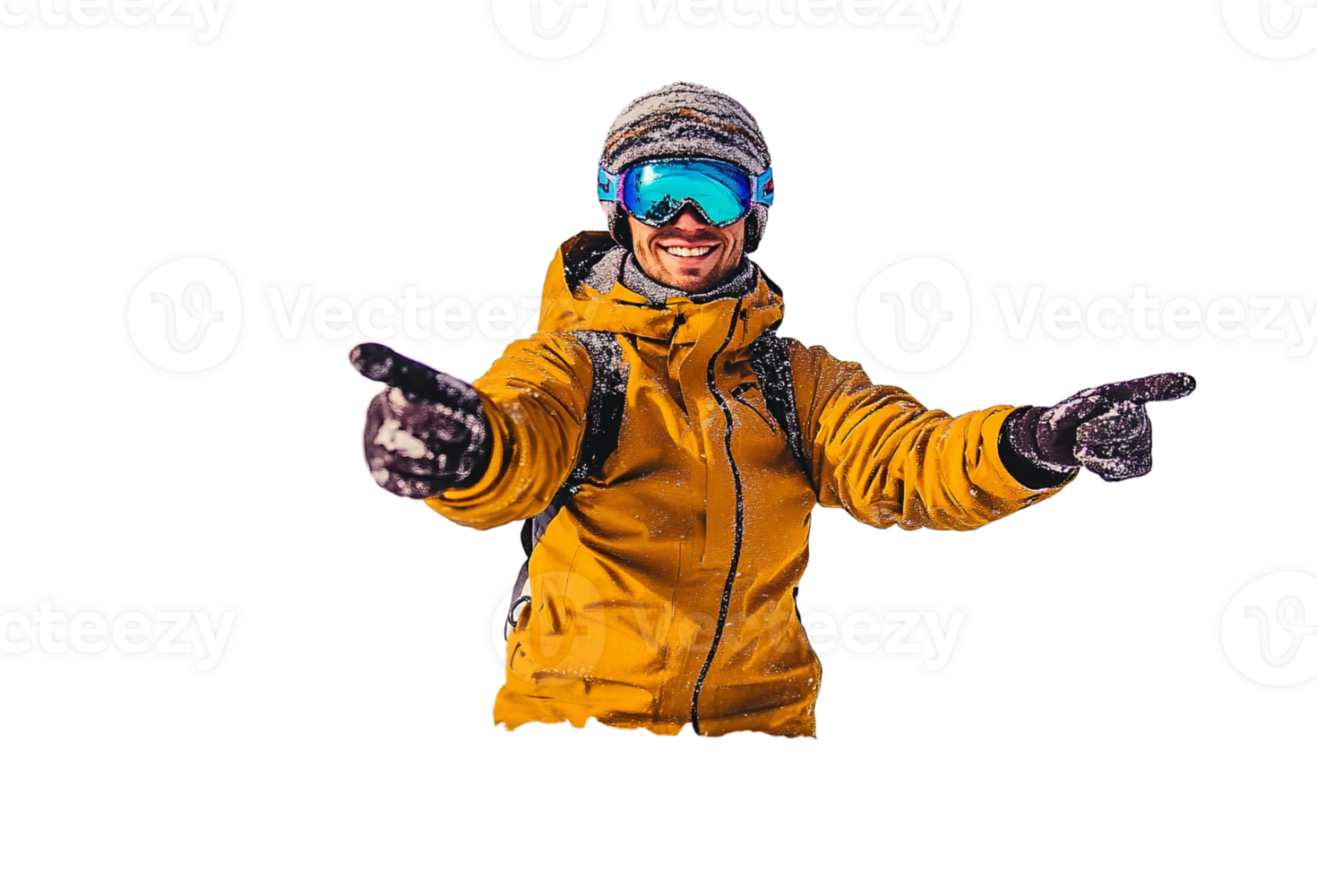 Smiling skier in yellow jacket pointing on transparent background png