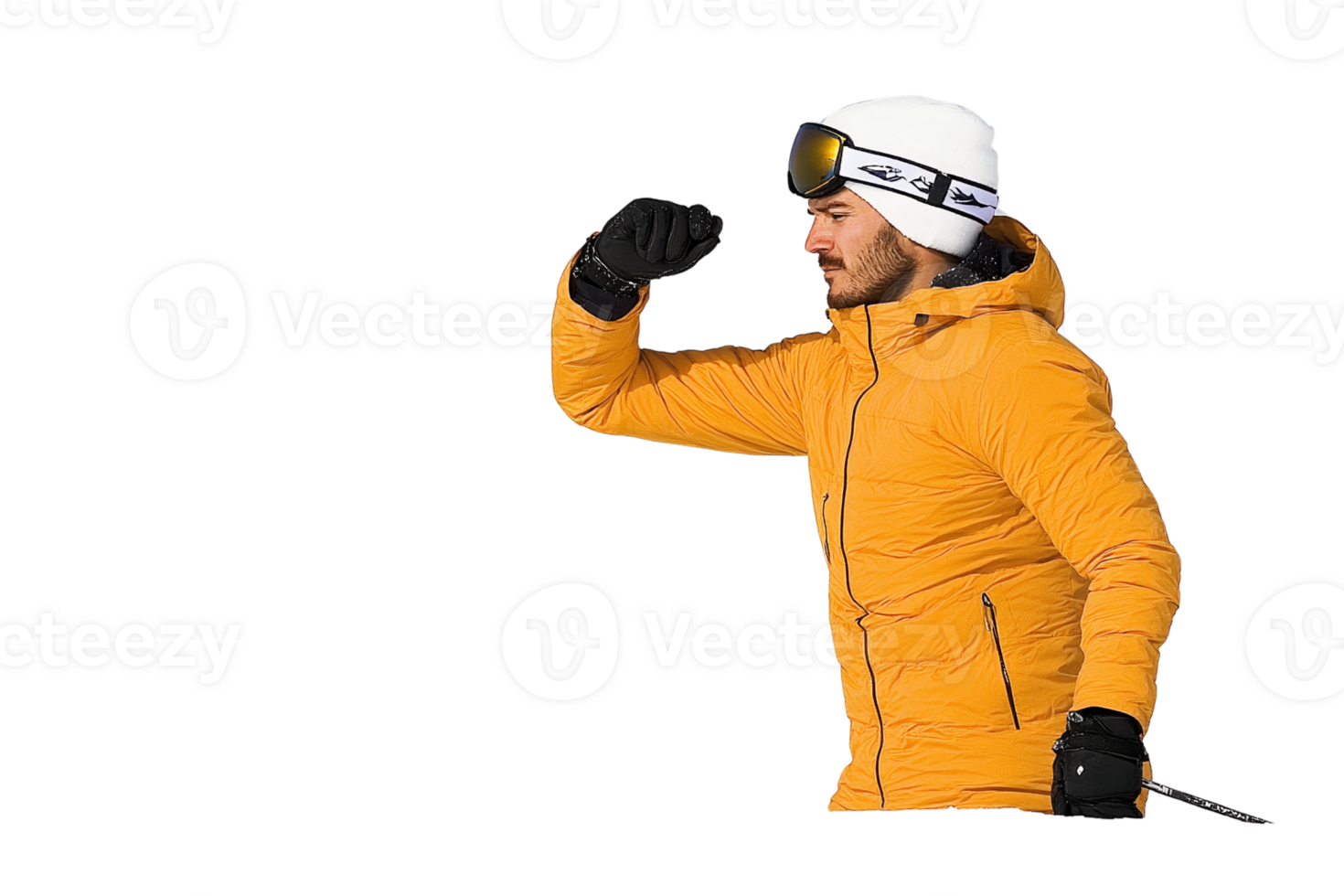 Man in orange ski jacket with goggles on transparent background png