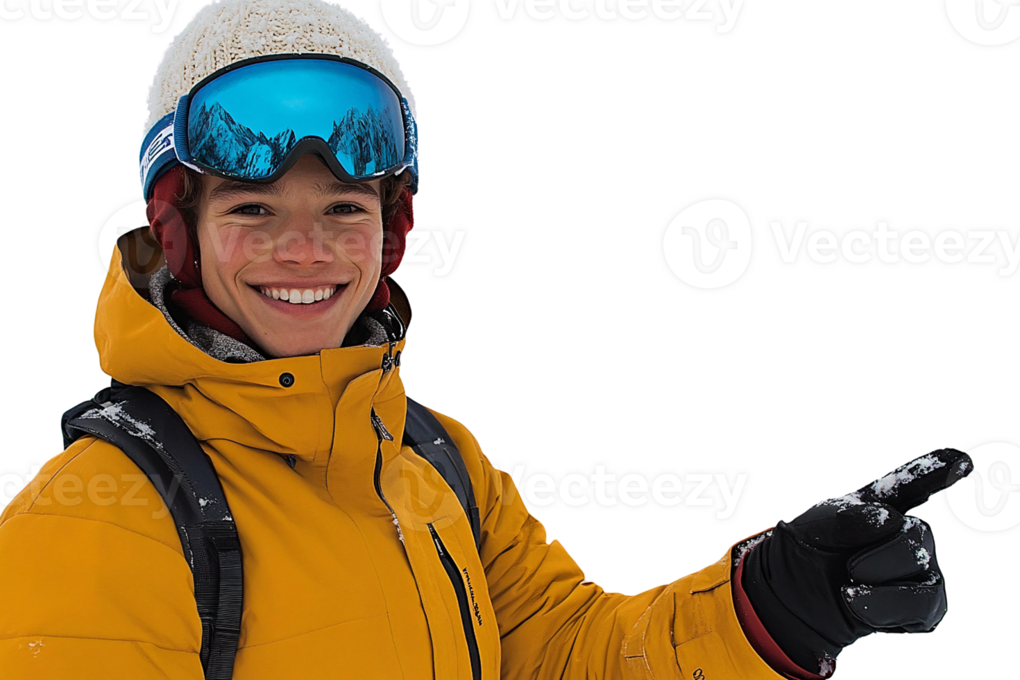 Smiling man in yellow ski jacket pointing on transparent background png